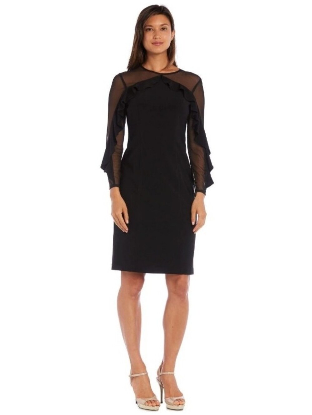 R&M Richards black dress with sheer mesh neckline and sleeves details